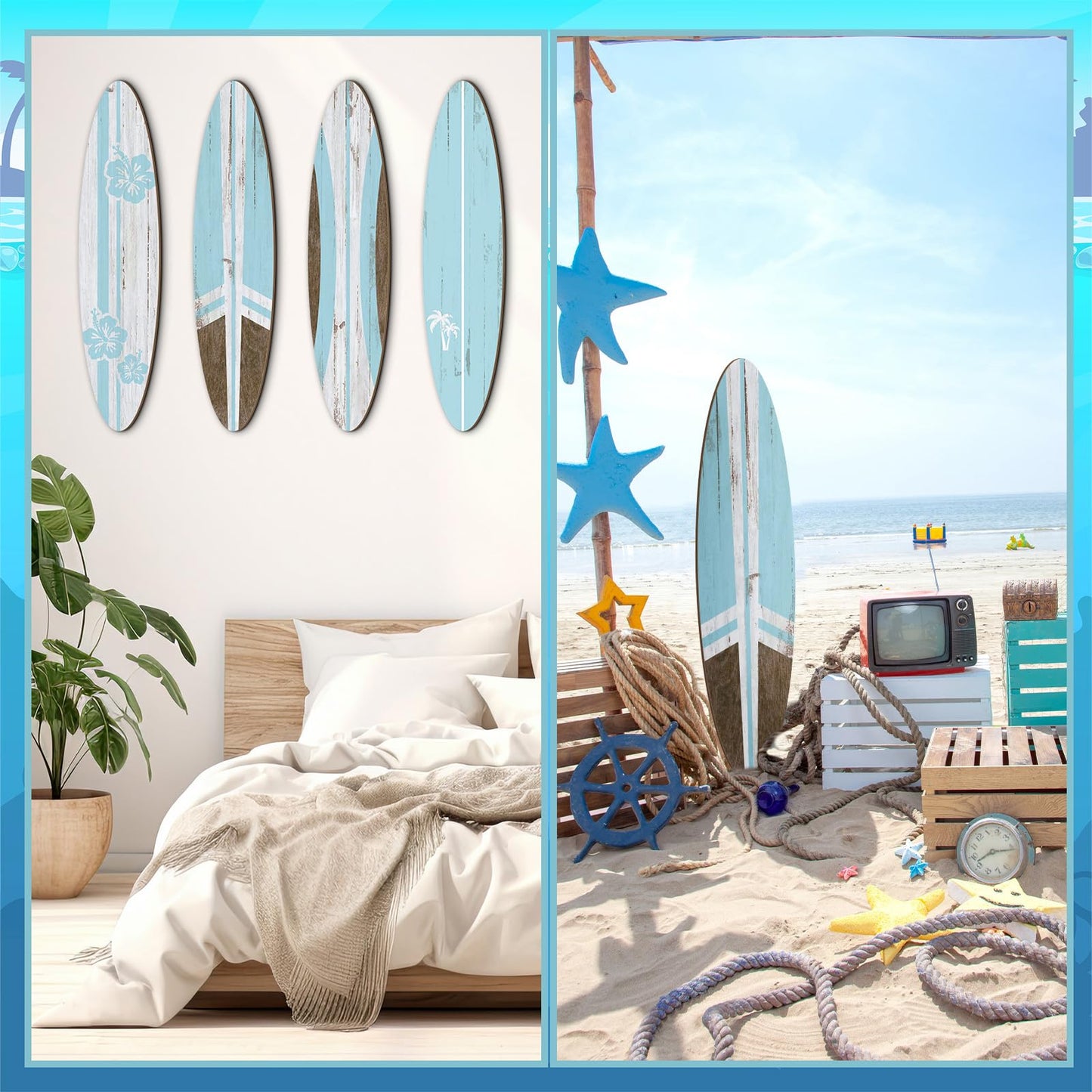 Threan 4 Pcs Large Surfboard Wall Decors Girls Boys Wooden Beach Room Decor 23.6" x 5.4" Preppy Surf Board Hanging Signs Aesthetic Tropical Wall Art for Bedroom Living Room Bathroom Decors(Blue)
