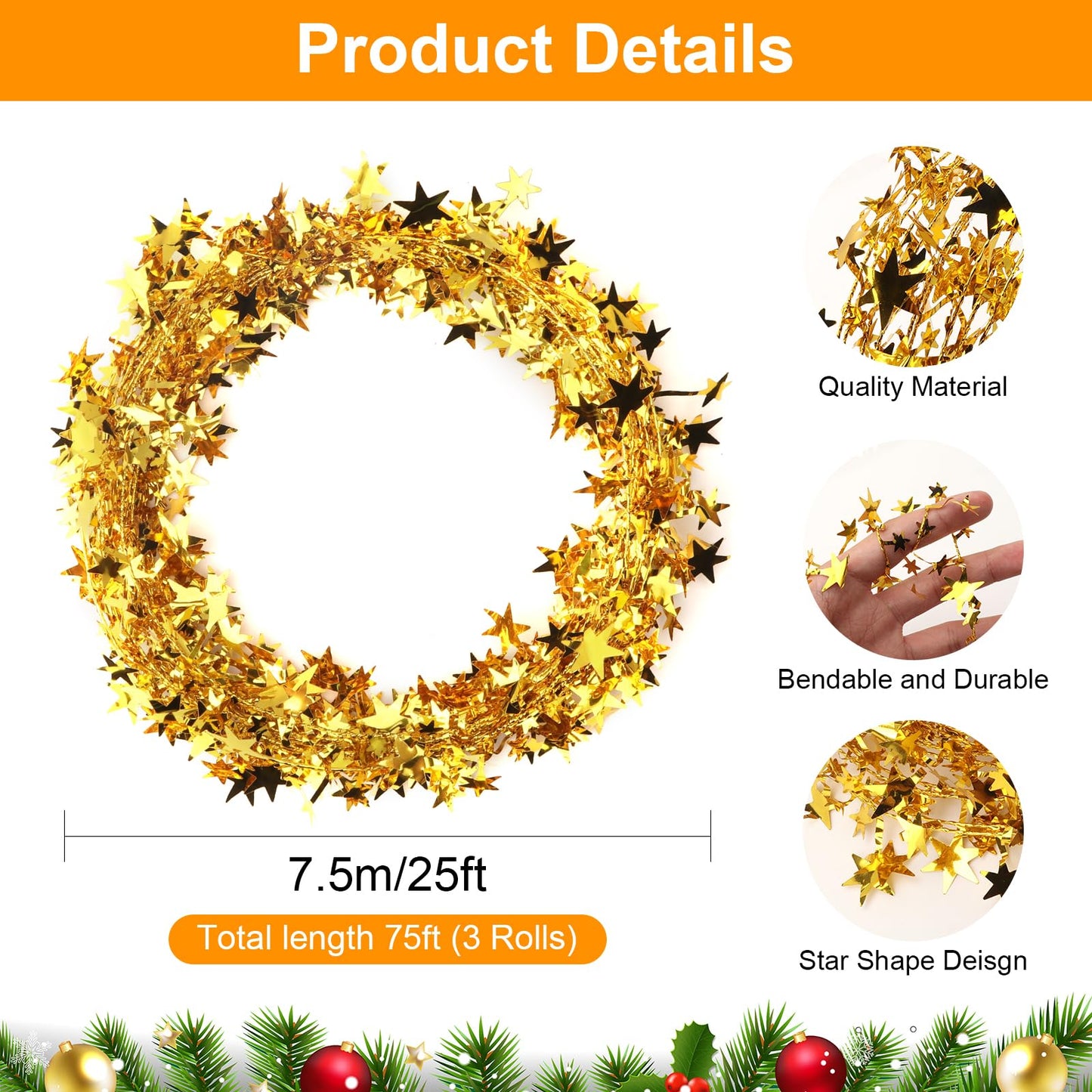 3 Rolls Gold Christmas Star Garland Tinsel, Sparkly Star Tinsel Garlands with Wire Christmas Star Wire Garland Decorations for mas Tree Home Wedding DIY Festive Ornament(75 Feet)