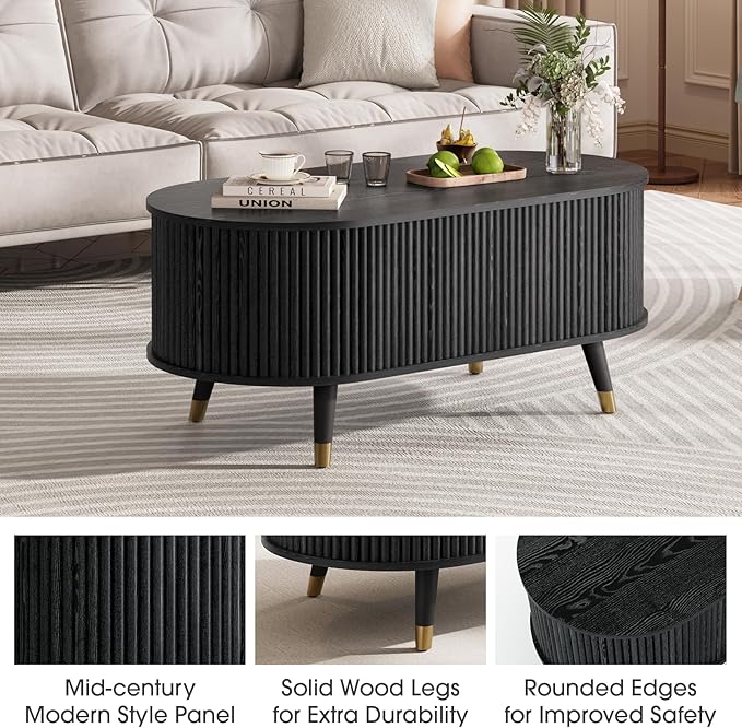 JOINICE 42.5" Oval Lift Top Coffee Table with Storage,Modern Black Center Table with Fluted Design, Solid Wood Legs & Hidden Compartment, Pop Up Coffee Table for Living Roomm