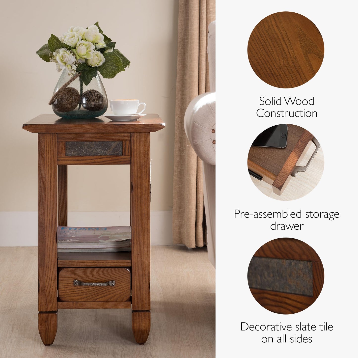 Leick Home Sibley End Table, Solid Wood, 1 Storage Drawer, Slate Tile Details, Bottom Display Shelf, Easy-Assembly, For Living Room/Bedroom, Rustic Oak, 24.5 in. L x 15.25 in. W x 24.0 in. H , 10906