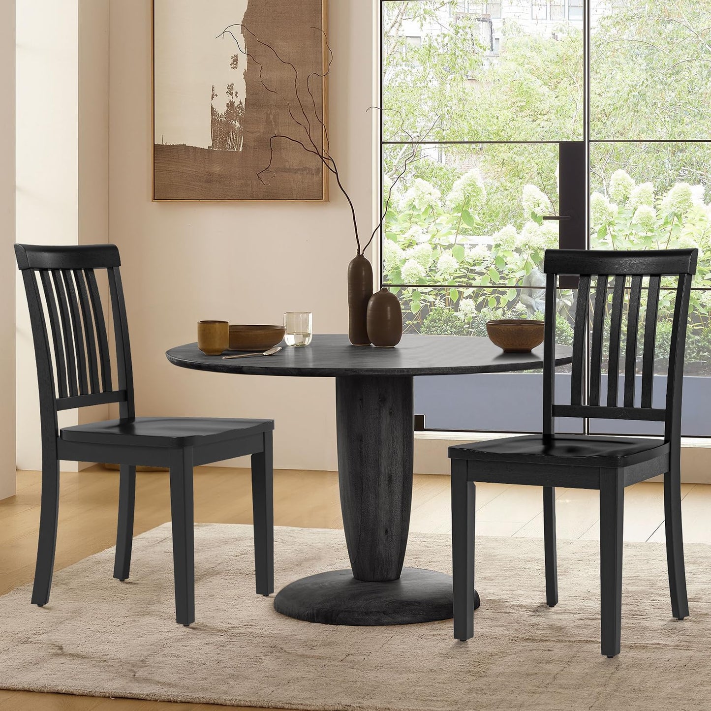 COLAMY Wooden Dining Chairs Set of 4, Solid Rubberwood Kitchen & Dining Room Chairs, High Spindle Back Windsor Style, Modern Dining Table Chairs, Non-Slip Foot Pads, Minimalist Home Furniture,Black