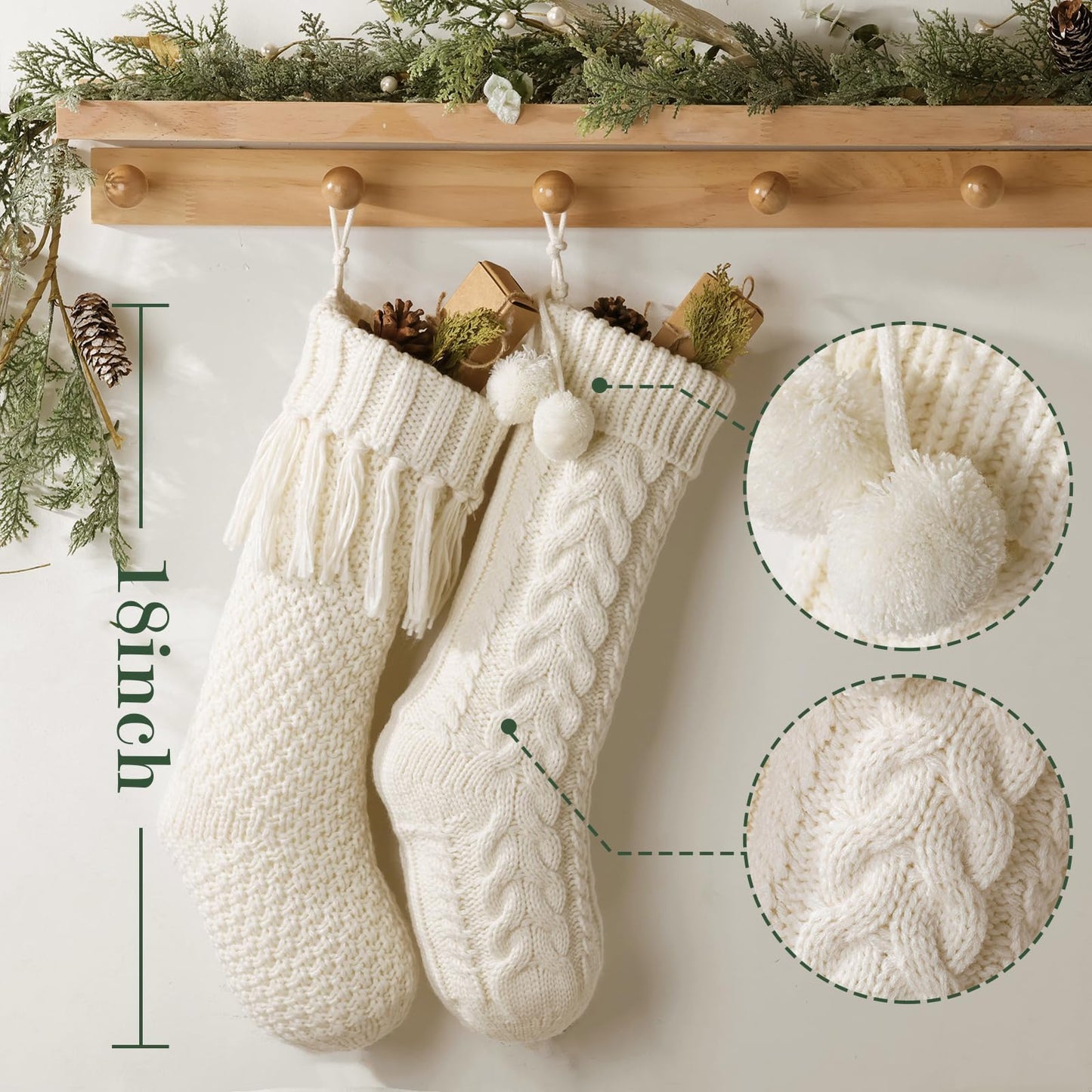 Personalized Christmas Stockings: 4 Pcs 18 Inch White Farmhouse Plush Faux Fur & Cable Knitted Fireplace Xmas Stockings, Rustic Personalized Stocking Hanging Gifts Decorations for Family Holiday Decor