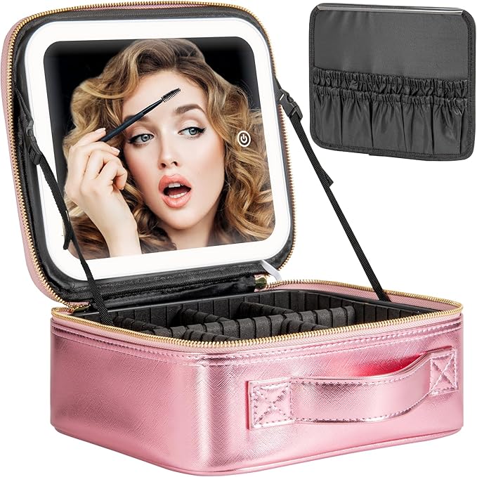 Extrei Gent Makeup Travel Train Case with Mirror LED Light 3 Adjustable Brightness Large Cosmetic Bag Portable Storage Adjustable Partition Waterproof Makeup Brushes Make up Jewelry Gift for Women