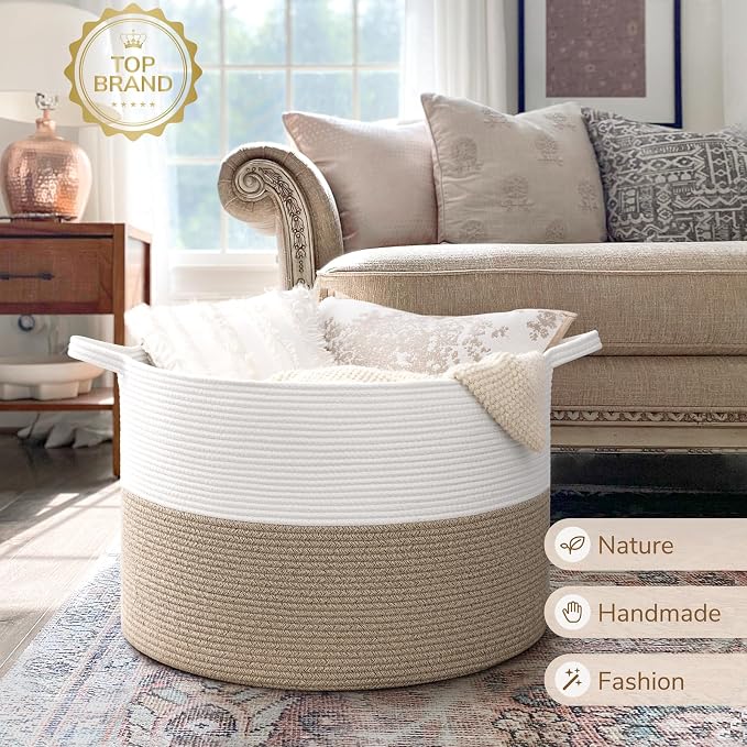 INDRESSME 115L Extra Large Blanket Basket, Soft Cotton Rope Storage Baskets for Organizing Living Room Décor Toy Storage for Kids,Decorative Woven Basket for Laundry & Towels, Light Brown