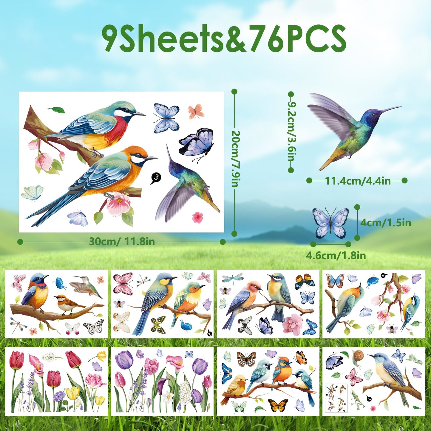 Hianjoo 9 Sheets 76 PCS Tulip Window Clings with Bird Branch Butterfly Double Sided Reusable Spring Holiday Decorations for Room Office