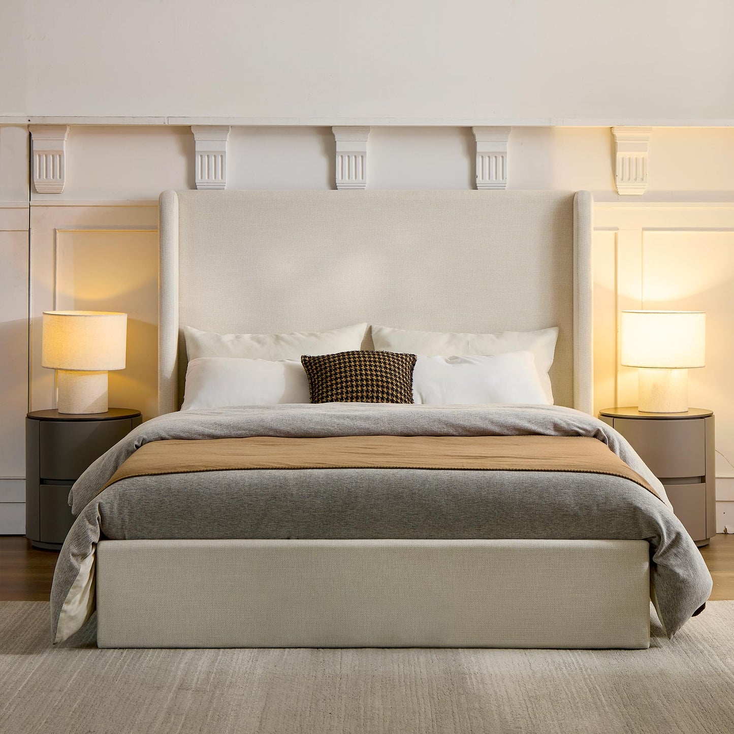 Tall Headboard Upholstered Bed,Queen Size Platform Bed Frame with 54" High Wingback Headboard,No Box Spring Needed,Wood Slat Support,Easy Assembly,Modern Minimalist Premium Textured,Ivory Chenille