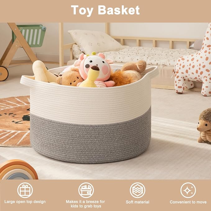 OIAHOMY 90L XXXLarge Blanket Basket for Living Room, 21.7" x 13.8" Woven Cotton Rope Laundry Basket for Organizing Pillows, Decorative Stuffed Animal Toy Storage for Nursery, White and Light Grey