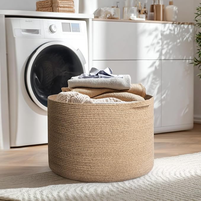 MEGASKET 115L Wicker Storage Basket, 23.6"x15.7" Woven Cotton Rope Basket, Giant Kids Dog Toy Bin Organizer, XXXL Blanket Pillow Holder for Living Room, Brown Variegated Wicker Baskets for Organizing