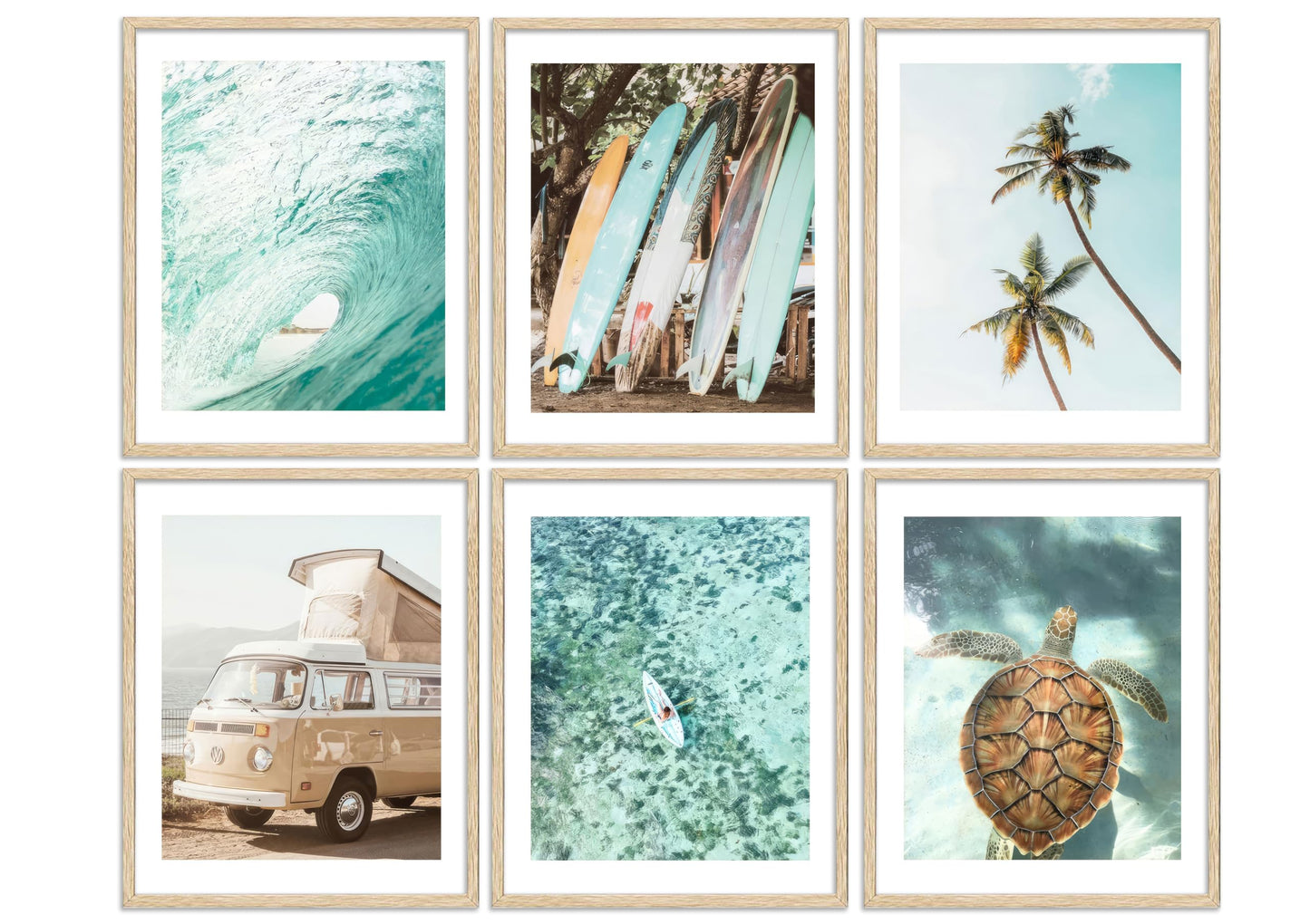 EVPYXFUT Set of 6 Tropical Beach Canvas Wall Art Surf Poster Summer Ocean Coastal Pictures Turtle Print Palm Tree Surfboard Gallery Paintings Nautical Bus Wall Decor for Bedroom Bathroom Unframed