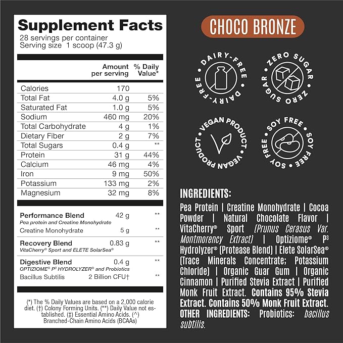 Falcon Performance Vegan Protein Powder, 31g Protein, 5g Creatine, 5g BCAA, Probiotics, Electrolytes, Pre Workout, Low Carb, Sugar Free & Dairy Free, Plant Based Chocolate Protein, 28 servings