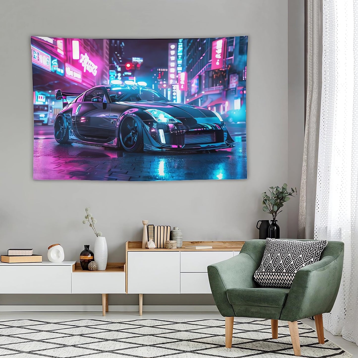 ANMOGID Neon Car Tapestry Wall Hanging Retro 350Z Street Tapestry Wall Hanging Aesthetic Decoration For Bedroom Living Room Wall Art Tapestries 60" x 40"