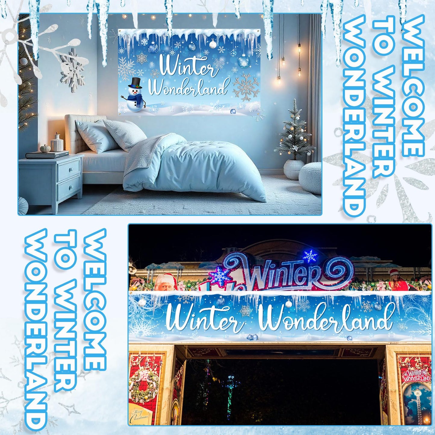 Ctosree 4 Pcs Winter Wonderland Backdrop Banner Party Decorations Garden Banner for Indoor Outdoor Winter Holiday Parties