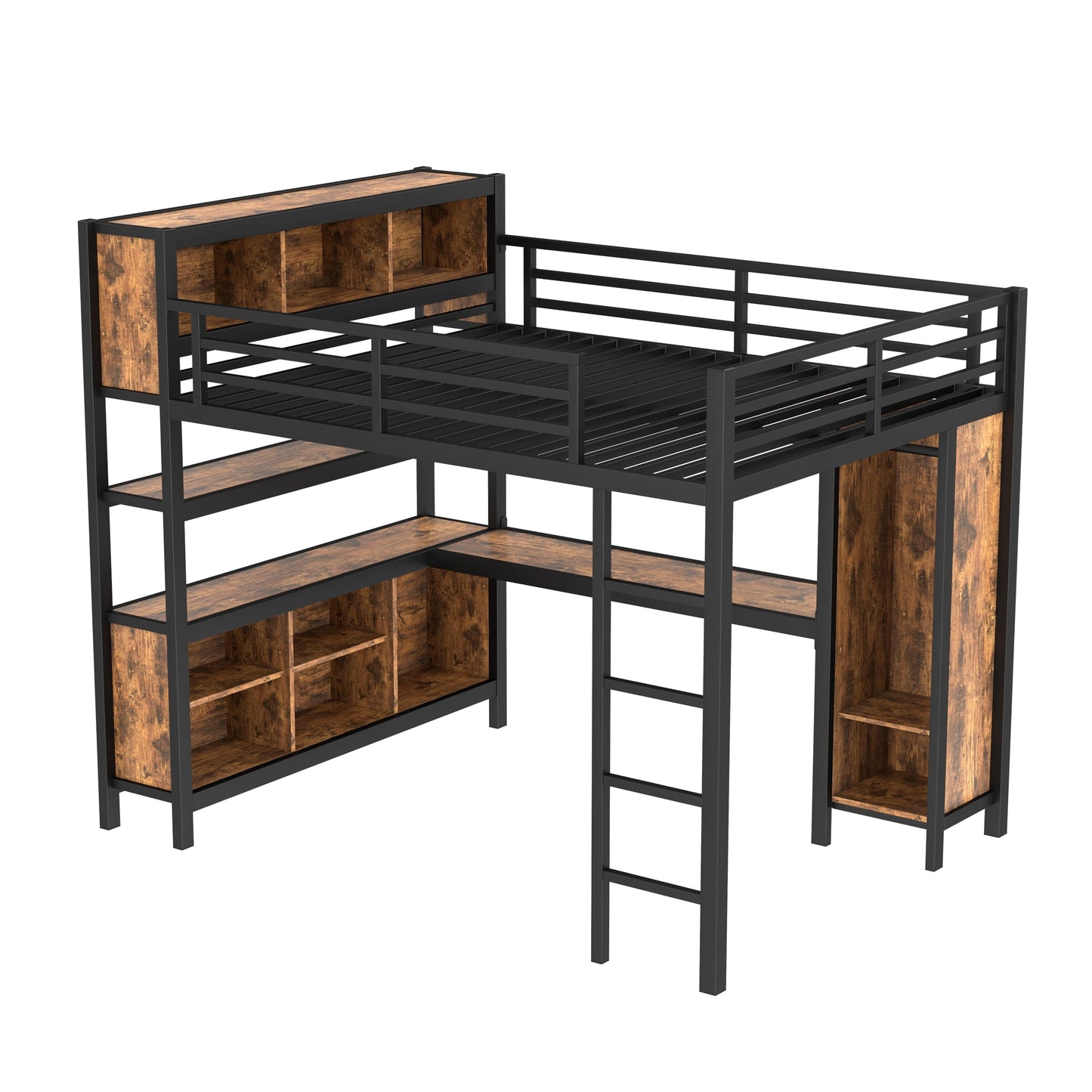 Ball & Cast Metal Loft Bed with Wardrobe and L-Shaped Desk,Queen Size Loft Bed with Storage Cubes and Shelves,Heavy Duty Loft Bed Frame for Kids Teens Adults,No Box Spring Need,Black+Brown