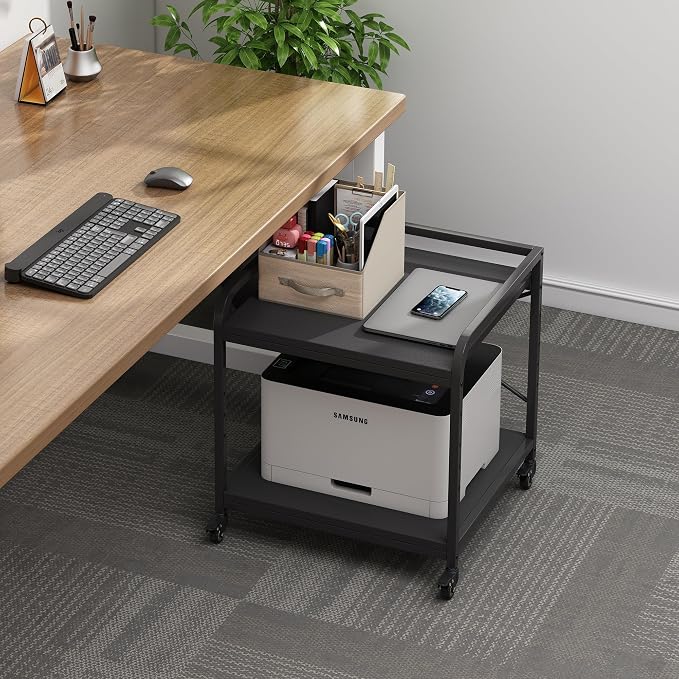 Fannova 2 Tier Under Desk Printer Stand with Storage, 20 Inches Deep Large Printer Table with Height Adjustable Shelf, Rolling Printer Cart with Wheels for Home Office - Black
