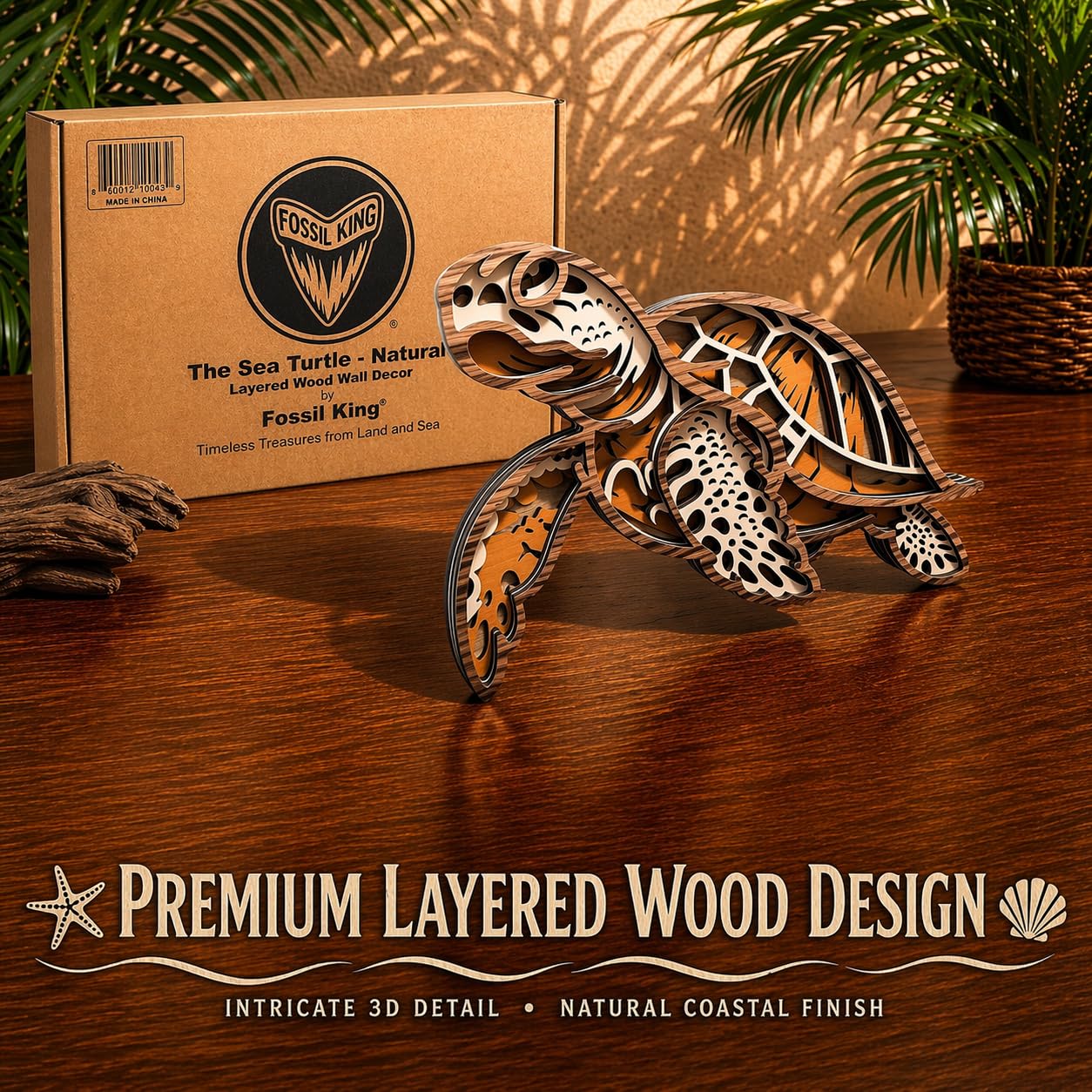 Fossil King Sea Turtle Wall Decor Large 15" – 3D Layered Wood Coastal Wall Art Beach House Ocean Decor