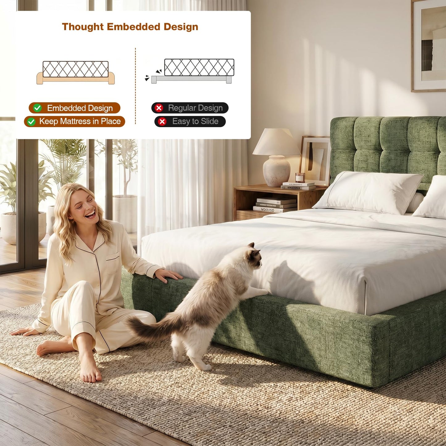 Lab Cosi Queen Cloud Bed Frame, Heavy Duty Upholstered Platform Bed with 2 Support Beams & Crossbar, 5.9" Thickened Foam for Safety, Easy Assembly, No Box Spring Needed, Exclusive Sage Green