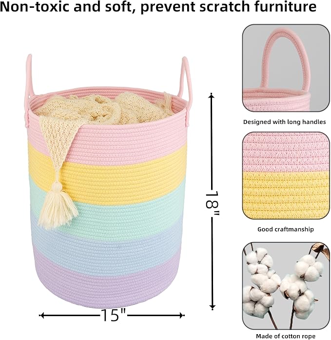 XUANGUO Rope Laundry Basket Hamper for Kids Girl Woven Storage Basket for Living Room Bedroom Boho Tall Baskets for Blanket Toys Pillow Towels Baby Nursery Hamper Bin rainbow