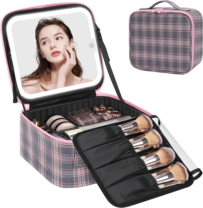 Relavel Travel Makeup Bag With LED Mirror, Portable Cosmetic Organizer Bag with Adjustable Brightness in 3 Color Scenarios, Small Train Case with Detachable Dividers for Trip- Grey Strip