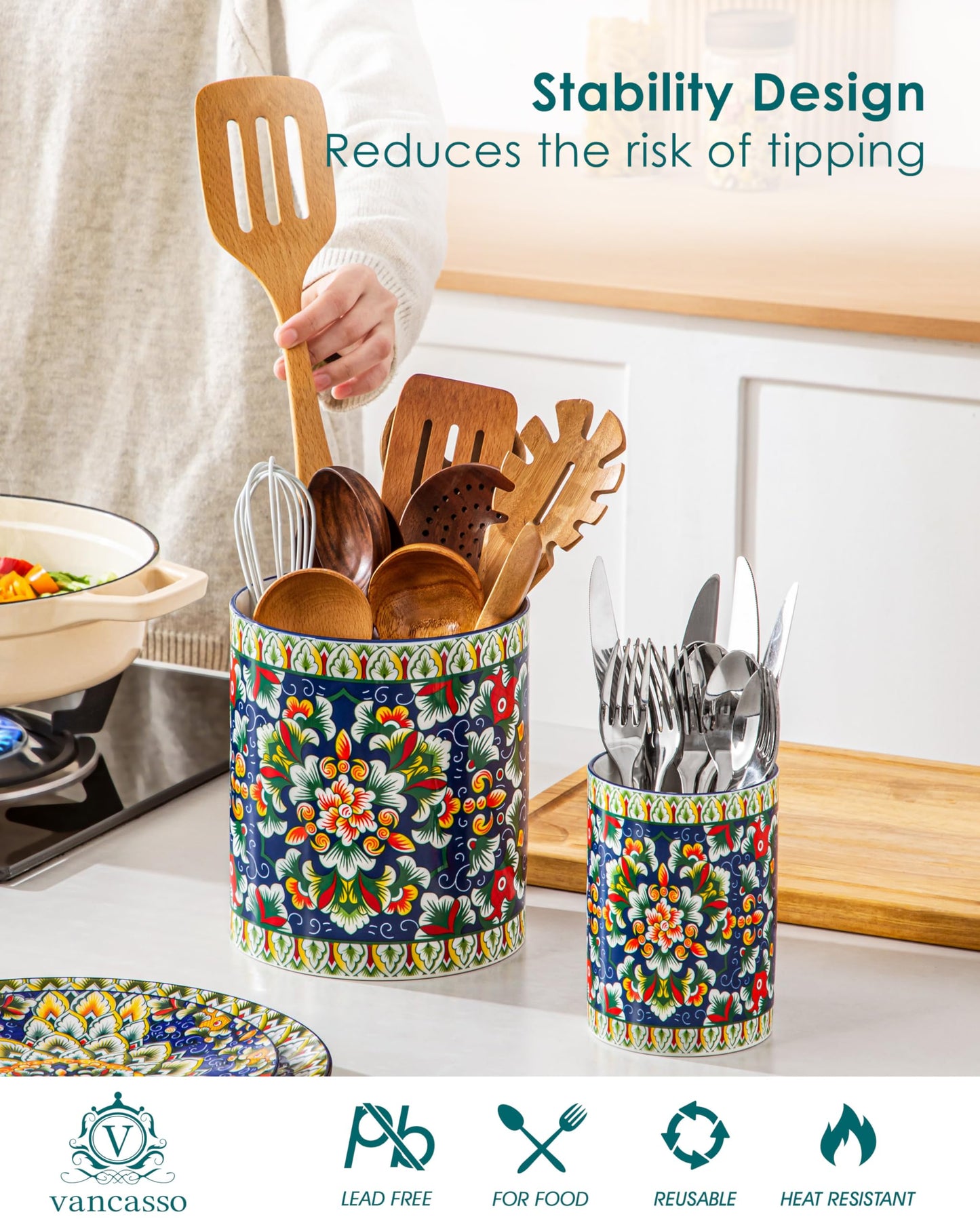 vancasso SIMI Utensil Holder, 7.3"+5.5" Porcelain Kitchen Utensil Holder for Countertop, Bohemian Kitchen Utensil Organizer for Spatulas, Spoons, Decorative Counter Utensil Crock, Verdant Jewel