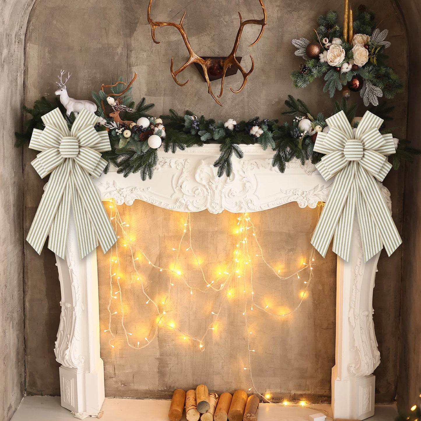 Vickasi Natural Stripes Wreath Bows for Front Door, Khaki Stripes Burlap Ribbon Bowknot Farmhouse Craft Bows Accessories for Wreath Tree Home Decorations