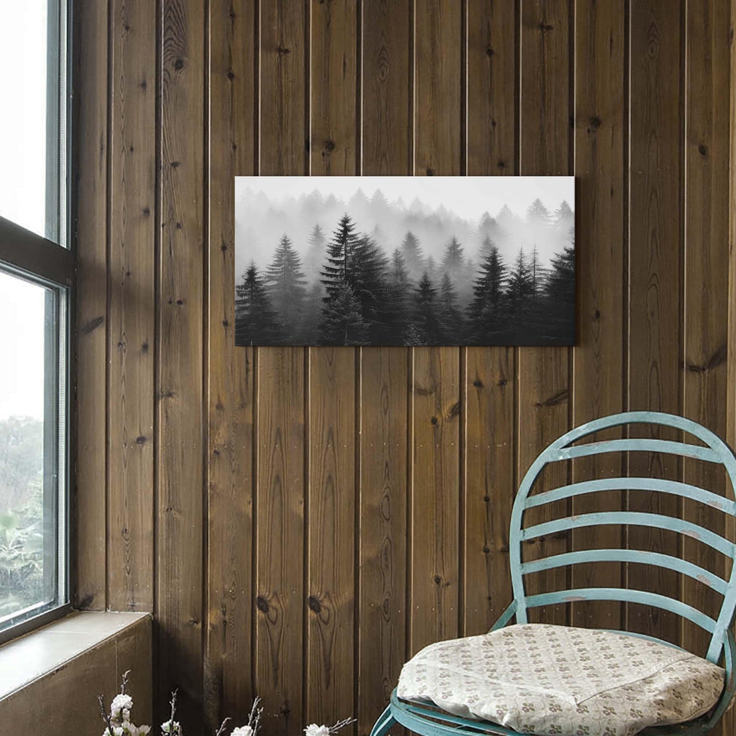 WALLSUP DECOR Misty Forest Canvas Wall Art: Black and White Pine Tree Picture Foggy Mountain Painting Modern Nature Landscape Artwork Prints for Bedroom Living Room Home Office