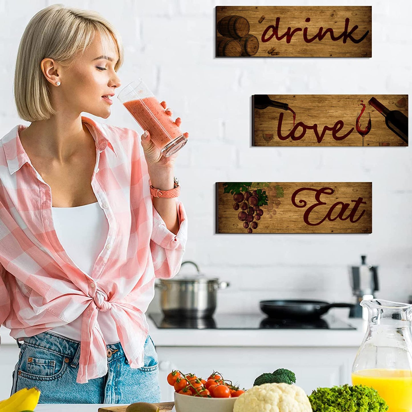 3 Pieces Red Wine Wall Art Wooden Barrel Wall Plaque Love,Eat,Drink Wood Signs Food Kitchen Decor Fruit Grape Wall Decor Retro Wine Cup/Bottle Picture for Dining Room Wine Cellar Artwork (Black)