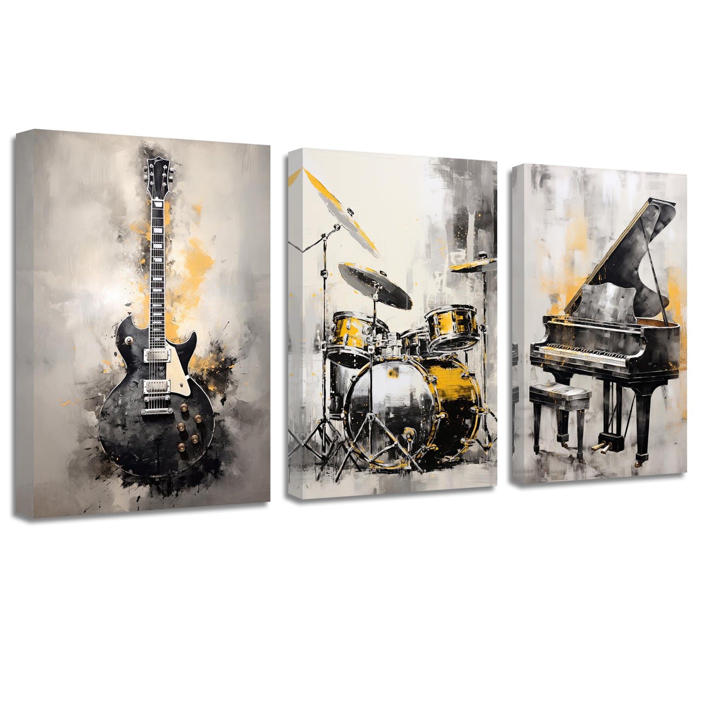 QIXIANG Music Canvas Wall Art for Music Lover Gift - 3 PCS Black and Gold Guitar, Piano, Drum Set Picture Prints - Framed (A, 20.00" x 28.00" x 3Pcs)