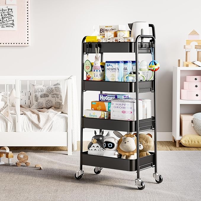 TOOLF 4-Tier Rolling Cart - Metal Storage Organizer with Lockable Wheels, 44 lbs Per Shelf Capacity, Tool-Free Assembly, for Kitchen Bathroom Office Laundry Room Nursery, Black