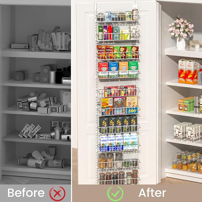 ElegantArray 9-Tier Pantry Door Oragnizer, Over The Door Pantry Organizer Rack and Storage, Hanging Spice Rack Shelves Door, Home Office Laundry Room Bathroom & Kitchen Organization, White