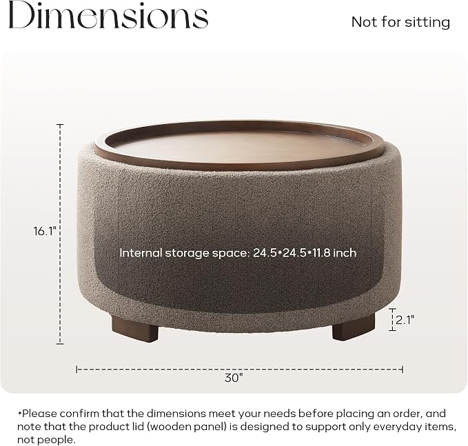 Zihanhome 30 Inch Round Storage Ottoman Coffee Table, Modern Boucle Ottoman with Lift-Off Lid and Solid Wood Legs for Living Room, Bedroom, Corners, Apartments (Brown)