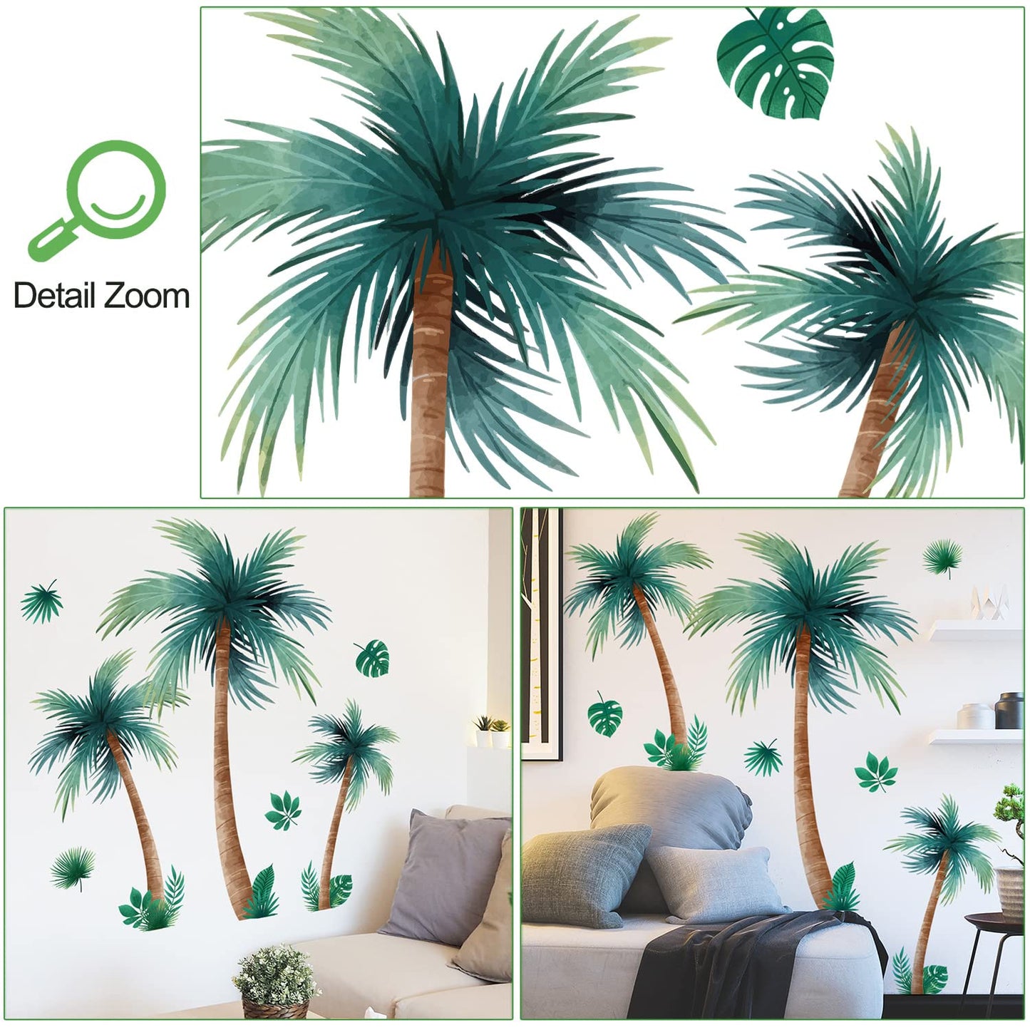 3D Removable Tropical Rainforest Wall Sticker Brown Tree Green Leaves Wall Decal DIY Peel and Stick Coconut Tree Wall Decor for Kids Girls Boys Bedroom Living Room Nursery Classroom Playroom