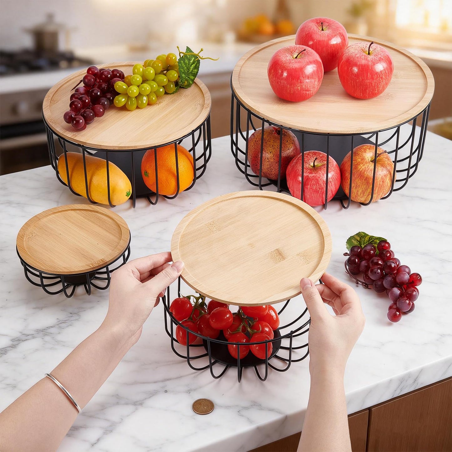 INTERWARM 4Pcs Fruit Basket for Kitchen Counter Set, 4 Size Round Fruit Basket with Wooden Lid Countertop Bin for Produce Fruits Lemon Banana Candy Snack in Office(Black)