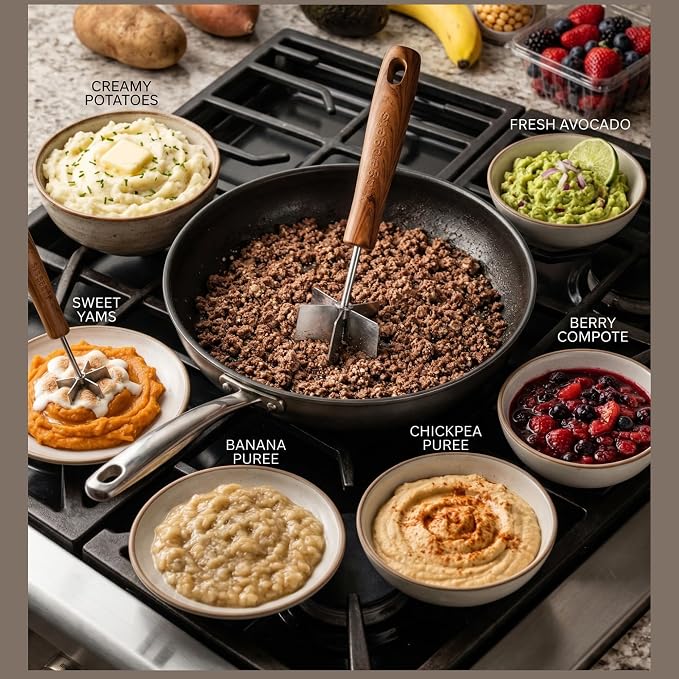Large Stainless Steel Meat Chopper, Masher & Cocktail Muddler | Dishwasher Safe | 6-Blade Chopper Tool | Oversized Ergonomic Handle | Heat Resistant Grip (Walnut Wood Veneer 10")