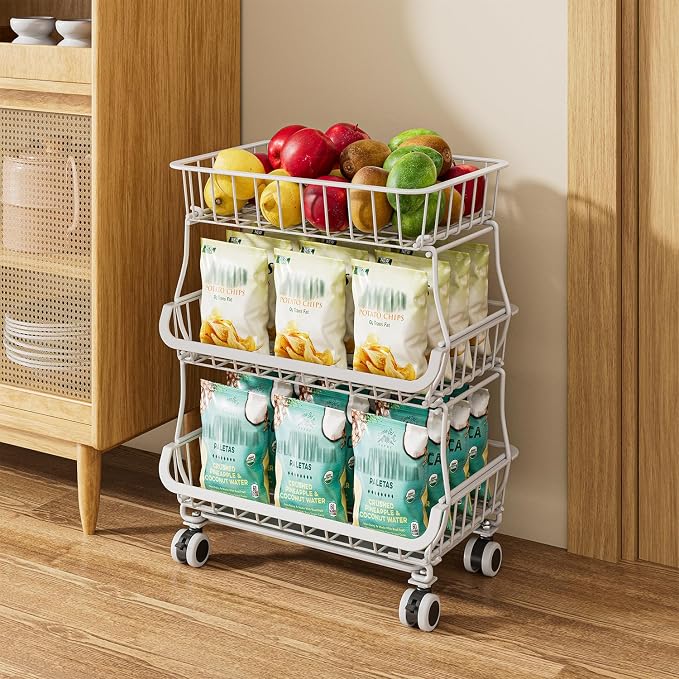 3 Tire Rolling Pantry Organizers and Storage Cart on Wheels | Metal Frame, Under Pantry Cabinet, Drip Tray, Storage for Snack, Potato, Onion, Produce, Can, Drink, Fruit and Vegetable