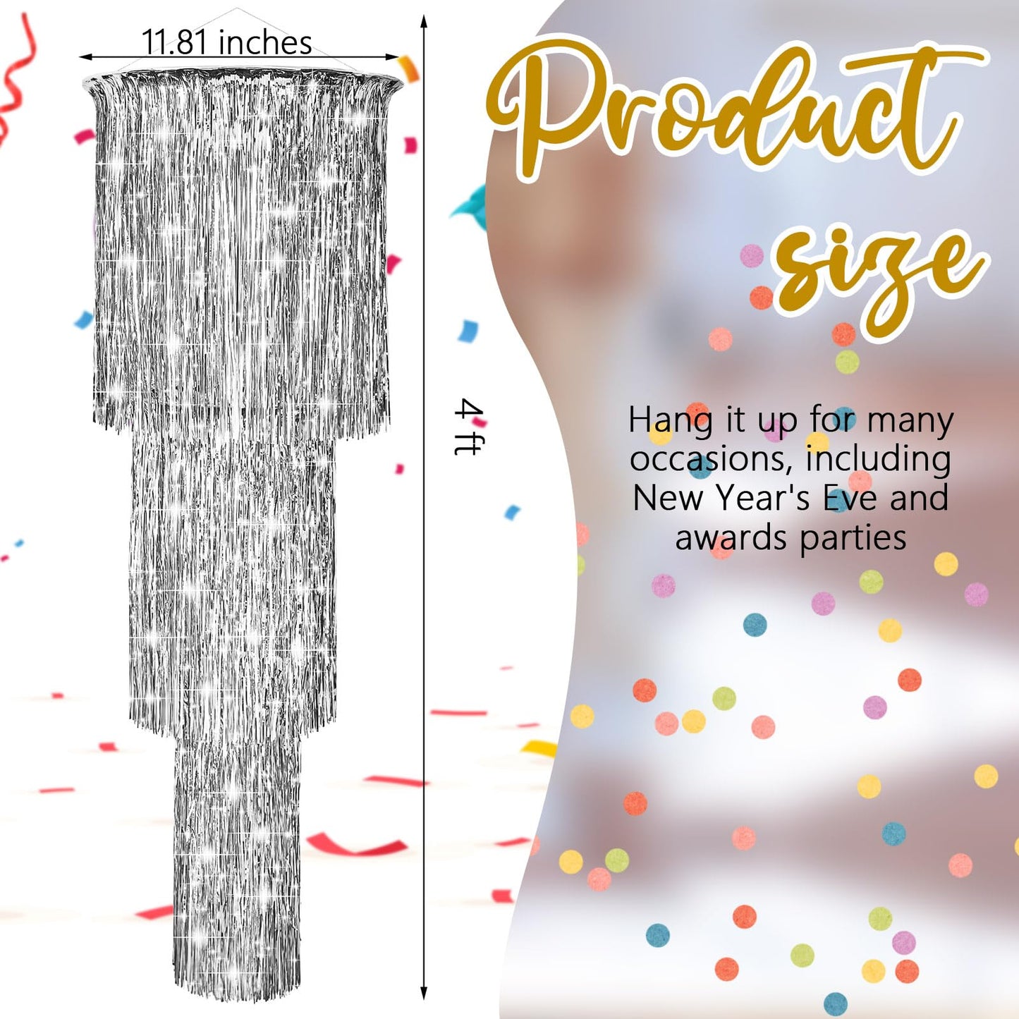2 Pcs 3 Tier Metallic Tinsel Chandelier Shimmering Fringe Chandelier Decor Hanging Decoration Photo Booth Backdrop for Birthday Anniversary Wedding Party Supplies, 4 Ft(Silver)
