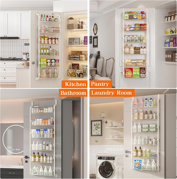 MIAOLI Over the Door Pantry Organizers and Storage, 6-Tier Spice Rack, Home & Kitchen Storage Shelves for Cabinet, Large Capacity Hanging Seasoning Organizer, Laundry Room Organization, White