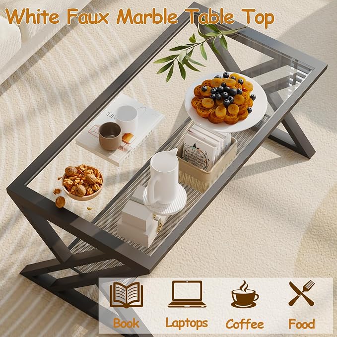 Wolawu Glass Coffee Table Living Room Table with Storage Shelf, Black Glass Table Simple Modern Rectangular Tables with Sturdy Black Metal Frame,Industrial Glass Coffee Table for Bedroom Home Office