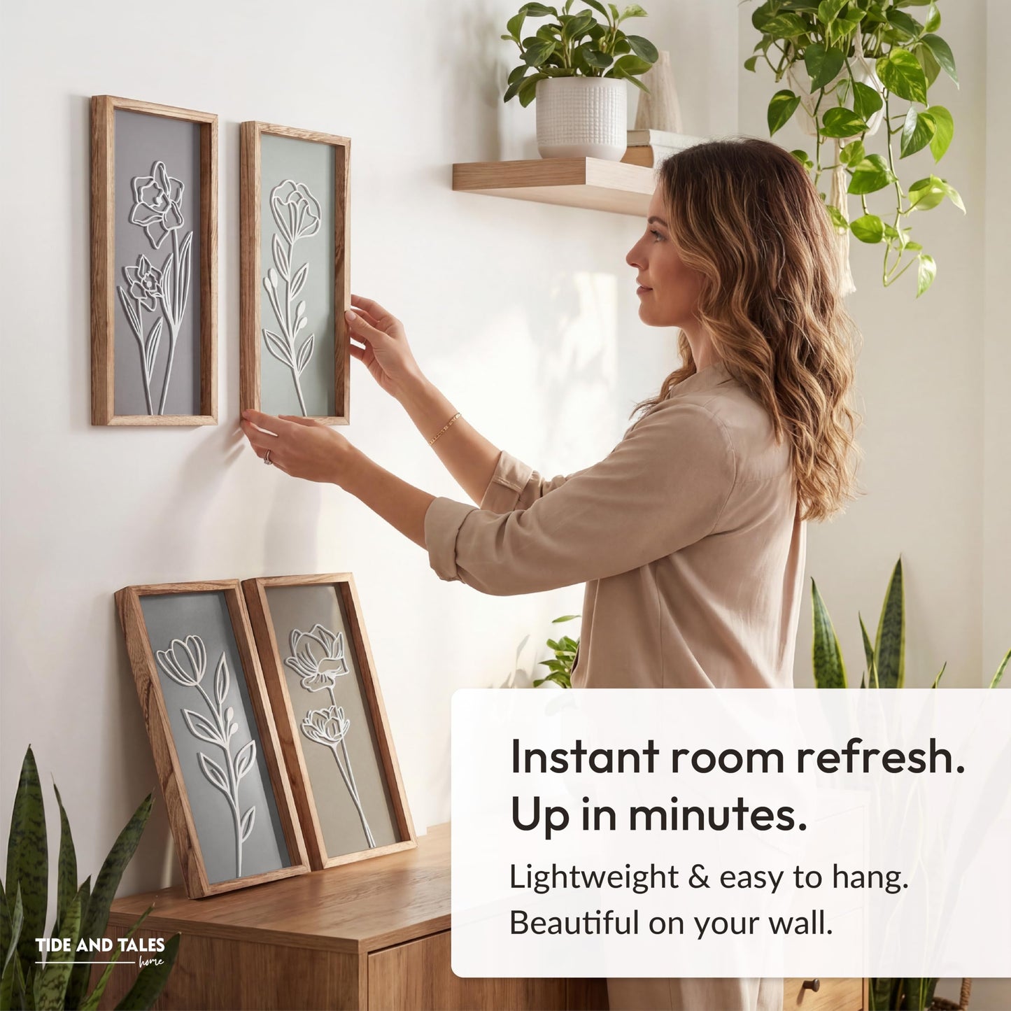 3D Wooden Floral Bathroom Wall Decor (Set of 4) Lightweight, Ready-to-Hang Framed Wall Art For Living Room, Bedroom, or Office - Premium Boho Botanical Farmhouse Decorations - Gift-Boxed