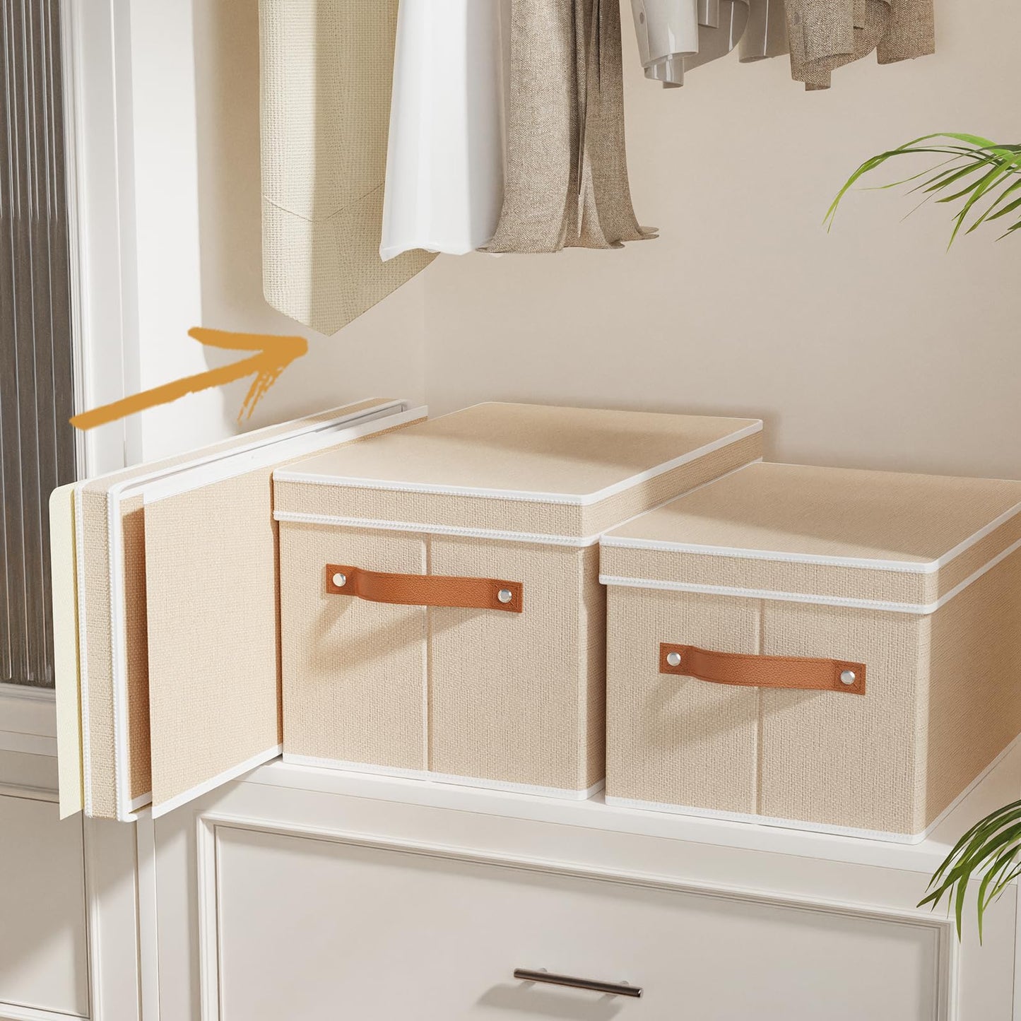 YheenLf Foldable Storage Bin, 10.2×7.8×6.7 Inch Storage Box with Lid, Closet Organizer for Organizing with Handles, Beige, 1-Pack