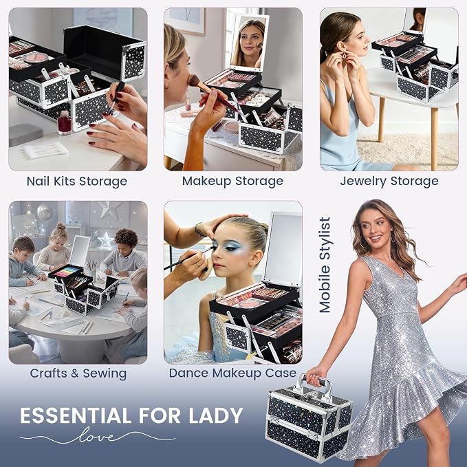 Joligrace Makeup Train Case Portable Cosmetic Box 2 Trays with Mirror Lockable for Makeup Nail Tech and Beauticians Traveling Makeup Storage Organizer - Black Star