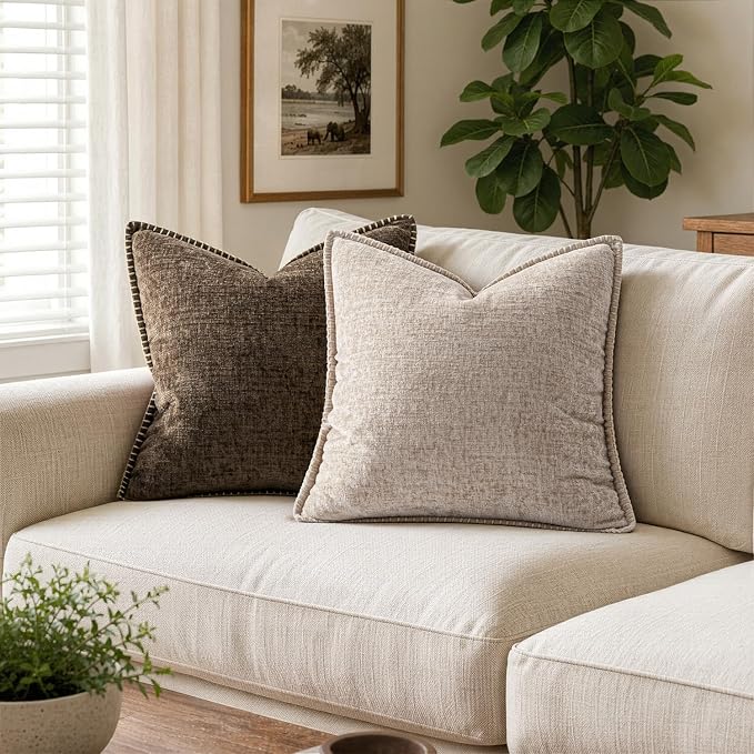 MIULEE Pack of 2 Couch Throw Pillow Covers 18x18 Inch Taupe Farmhouse Decorative Pillow Covers with Stitched Edge Tan Soft Chenille Solid Dyed Pillow Covers for Sofa Bed Living Room