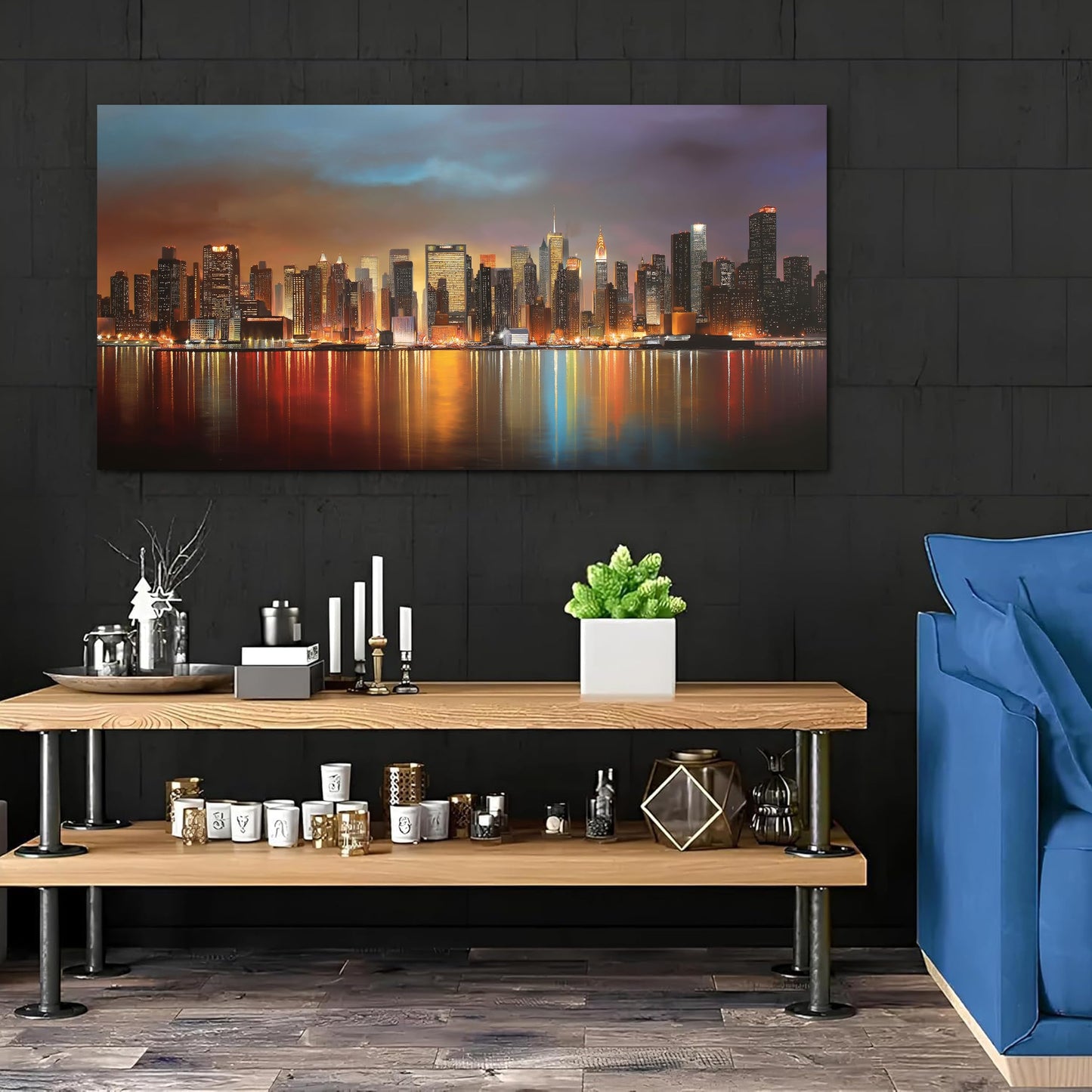 MMMSANSAT Modern New York City Canvas Wall Art for Living Room Manhattan Skyline Night View Artwork for Bedroom Office Canvas Print 20"x40"