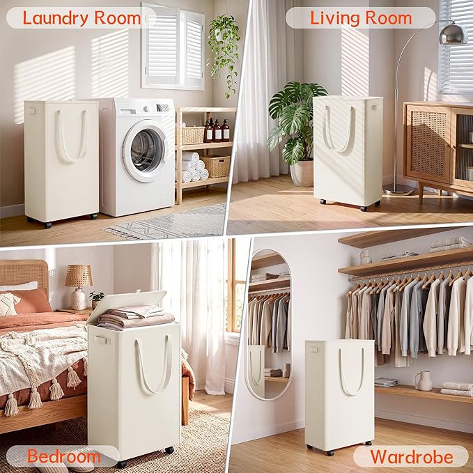 Slim Laundry Hamper with Wheels,18 Gal (70L) Rolling Laundry Basket with lid and wheels Clothes Hamper Foldable Tall Dirty Clothes Basket Sturdy Collapsible Clothes Hamper for Dorm,Laundry Room