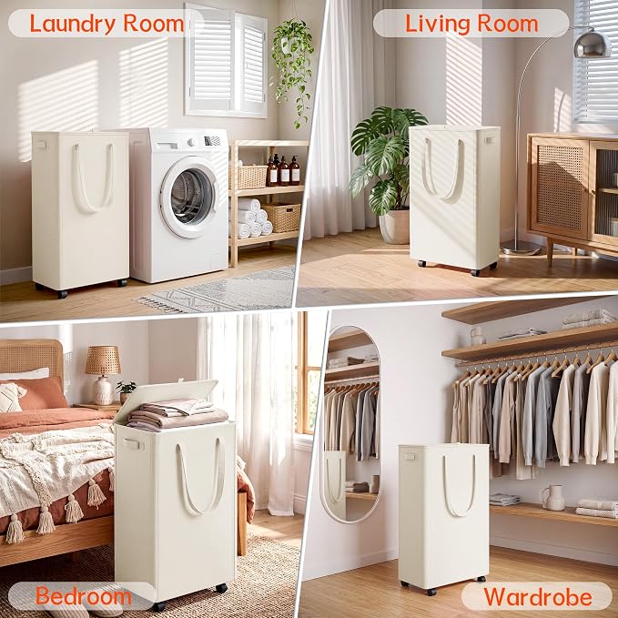 Slim Laundry Hamper with Wheels,20 Gal (75L) Rolling Laundry Basket with lid and wheels Clothes Hamper Foldable Tall Dirty Clothes Basket Sturdy Collapsible Clothes Hamper for Dorm,Laundry Room