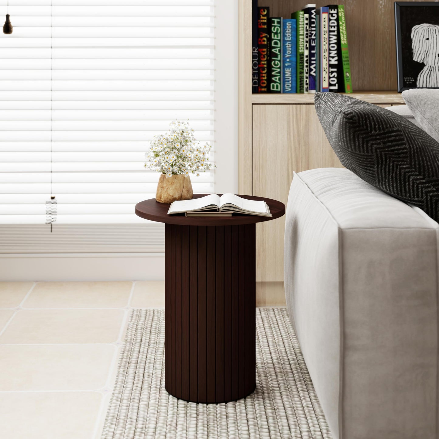 Small Round Side Table, Fluted Drum Pedestal End Table, Wood Plant Stand for Small Spaces, Modern Home, Bedroom, and Living Room Desk Furniture, Brown