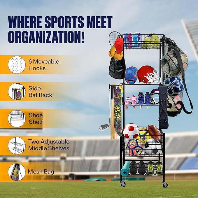 Garage Sports Equipment Organizer, Ball Storage Outdoor Toy Storage, 5 Layers Sports Outdoor Rack Nerf Gun Rack Basketball Rack for Balls with Holder and Hooks.