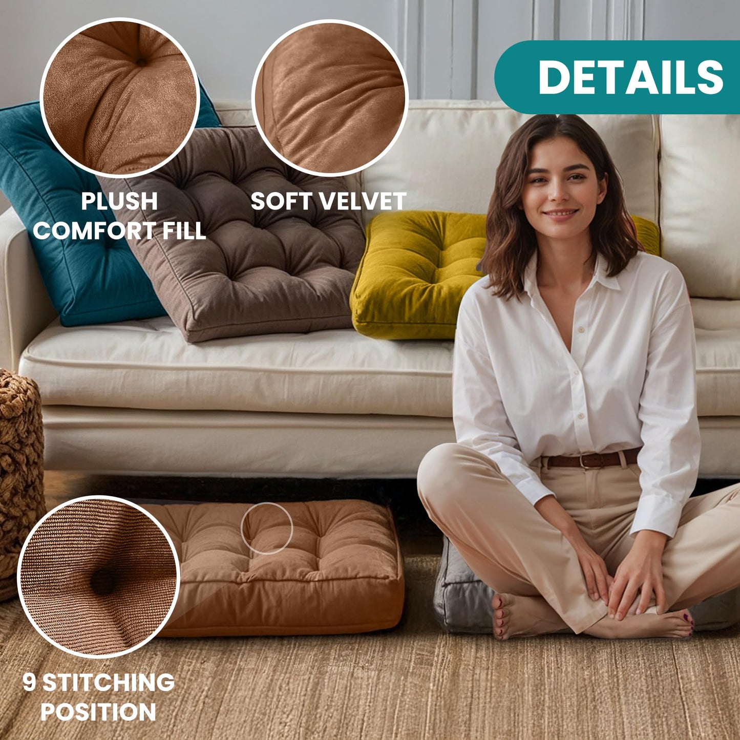 NEST & LOOM Floor Cushions - Large Square Tufted Floor Pillow, Meditation Cushion, Floor Chair Pillow for Seating & Lounging - Soft & Supportive, Brown - 21.65" x 21.65"