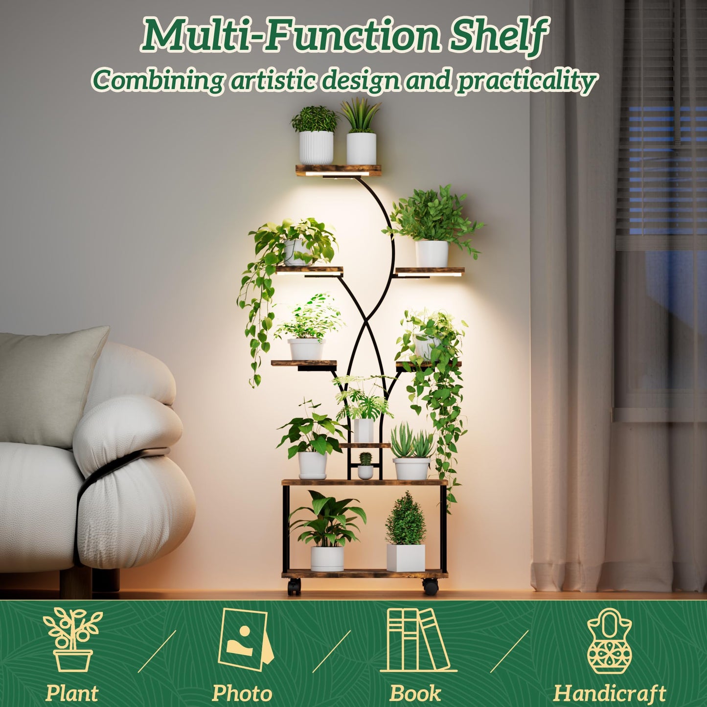 Azaeahom Plant Stand Indoor with Grow Lights, 8 Tiered Metal Plant Shelf with Wheels, 58" Tall Corner Plant Stand Flower Display Rack Holder for Living Room, Patio