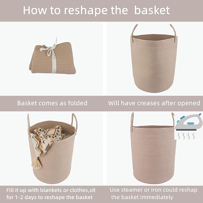 XUANGUO Cotton Rope Laundry Basket Hamper for Clothes Woven Storage Basket for Living Room Bedroom Boho Tall Rope Baskets for Blanket Toys Pillow Towels Baby Nursery Hamper Bin Konjac