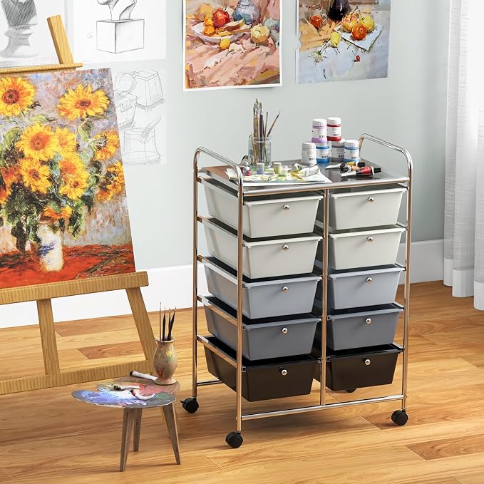 Giantex 10 Drawers Rolling Cart, Classroom Organizers, Storage Cart with Wheels, for Teacher Office Home School Supplies Tool Craft Art Paper, Gray Gradient